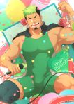  1boy abs bara beard chest dark_skin facial_hair flexing happy_birthday highres jacket_on_shoulders looking_at_viewer male_focus microphone multicolored_hair muscle open_mouth pectorals pose simple_background sitting skin_tight smile solo taurus_mask thighs tokyo_houkago_summoners upper_body wrestling_outfit zifuuuun 