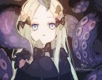 1girl abigail_williams_(fate/grand_order) bangs black_bow black_dress blonde_hair blue_eyes bow brown_bow commentary_request dress eyebrows_visible_through_hair fate/grand_order fate_(series) forehead hair_bow hands_up highres long_sleeves looking_at_viewer parted_bangs parted_lips signature sleeves_past_fingers sleeves_past_wrists sofra solo suction_cups tentacles twitter_username upper_body 