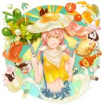  1girl bread cowboy_shot crop_top cube egg food fork green_eyes holding holding_fork holding_knife jar knife long_sleeves meat navel original pink_eyes sauce shirt short_sleeves solo spoon suspenders tami_yagi tomato tongue tongue_out yellow_shirt 