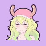  1girl =_= artsy-rc blonde_hair blush closed_eyes closed_mouth dot_nose facing_viewer gradient_hair green_hair hat highres horns_through_headwear kobayashi-san_chi_no_maidragon long_hair multicolored_hair pink_headwear purple_background quetzalcoatl_(maidragon) signature simple_background smile solo 