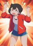  1girl absurdres arms_up artist_name black_hair blush brand_new_animal fang highres jacket kagemori_michiru long_sleeves looking_at_viewer once_11h open_mouth red_eyes red_jacket shirt short_hair shorts solo spoilers track_jacket white_shirt 