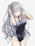  1girl ak-12_(girls_frontline) blue_swimsuit breasts closed_eyes collarbone competition_swimsuit girls_frontline highres long_hair one-piece_swimsuit silver_hair solo swimsuit tokyoha1 white_background 