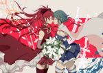  2girls absurdres akari_(qq941315189) bare_shoulders beige_background belt black_ribbon blue_hair blue_skirt bouquet breasts cape closed_eyes closed_mouth cowboy_shot detached_sleeves expressionless eyebrows_visible_through_hair eyelashes floating_hair flower flower_request fortissimo fortissimo_hair_ornament from_side hair_between_eyes hair_ornament hair_ribbon hairclip high_collar high_ponytail highres holding holding_bouquet leaf long_hair mahou_shoujo_madoka_magica medium_breasts miki_sayaka multiple_girls noses_touching pink_background pleated_skirt ponytail profile red_legwear redhead ribbon sakura_kyouko shaded_face short_hair sideboob simple_background skirt sleeveless small_breasts soul_gem standing strapless striped striped_background sword thigh-highs weapon white_cape white_flower white_legwear yuri zettai_ryouiki 