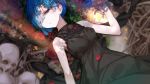  1girl alternate_costume bangs black_dress blue_eyes blue_hair blurry_foreground dress eyes_visible_through_hair flower hair_between_eyes hair_over_one_eye half-closed_eyes highres lying on_back one_eye_closed parted_lips petals re:zero_kara_hajimeru_isekai_seikatsu red_flower red_rose rem_(re:zero) rose short_hair skull sleeveless sleeveless_dress solo ziran_juan 