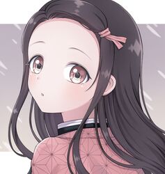  1girl :o asa_no_ha_(pattern) black_hair from_behind hair_ribbon highres kamado_nezuko kimetsu_no_yaiba long_hair looking_at_viewer looking_back parted_lips pepea pink_eyes pink_ribbon portrait ribbon shiny shiny_hair solo 