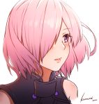  1girl armored_leotard bangs bare_shoulders black_leotard blush commentary_request eyebrows_visible_through_hair fate/grand_order fate_(series) hair_over_one_eye kosumi leotard looking_away mash_kyrielight parted_bangs pink_hair short_hair signature simple_background solo upper_body violet_eyes white_background 
