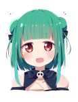  1girl :d bangs bare_shoulders black_bow blush bow commentary_request cropped_torso double_bun eyebrows_visible_through_hair fang green_hair hair_bow hand_up highres hololive okota_mikan open_mouth red_eyes sidelocks simple_background skull smile solo upper_body uruha_rushia virtual_youtuber white_background 
