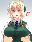  ! !? ... 1girl ? blonde_hair blue_neckwear blush braid breast_hold breast_lift breasts buttons collared_shirt commentary_request directional_arrow eyebrows_visible_through_hair frown gradient gradient_background green_vest hair_between_eyes hands highres kantai_collection large_breasts necktie open_mouth perth_(kantai_collection) shaded_face shirt short_hair short_sleeves solo_focus spoken_ellipsis spoken_exclamation_mark spoken_question_mark surprised takase_muu twitter_username upper_body vest violet_eyes white_shirt 