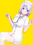  1girl bangs blue_eyes blush breasts closed_mouth collared_dress commentary_request dress dutch_angle feet_out_of_frame hair_ornament hairclip hands_up hat holding long_hair looking_at_viewer medium_breasts nurse nurse_cap original purple_hair short_sleeves simple_background sitting smile solo stethoscope suzuharu_toufu swept_bangs thigh-highs white_dress white_headwear white_legwear yellow_background 