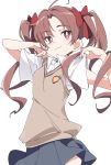  1girl :3 black_skirt bow brown_eyes brown_hair eyebrows_visible_through_hair hair_bow ixy long_hair red_bow school_uniform shirai_kuroko short_sleeves simple_background skirt solo to_aru_kagaku_no_railgun to_aru_majutsu_no_index tokiwadai_school_uniform twintails white_background 