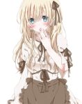  1girl blonde_hair blue_eyes blush dress earrings eyebrows_visible_through_hair hair_ribbon hand_to_own_mouth hiro_(hirohiro31) jewelry long_hair looking_at_viewer original puffy_short_sleeves puffy_sleeves ribbon short_sleeves solo white_background 