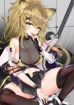  1girl :p animal_ears arknights ass_visible_through_thighs bad_id bad_pixiv_id bandaged_arm bandages bangs bare_shoulders black_choker black_gloves black_jacket black_legwear black_nails black_skirt blonde_hair blush breasts candy character_name choker clothes_writing collarbone commentary earrings eyebrows_visible_through_hair fishnets food gloves hair_between_eyes hair_ornament hairclip hand_up head_tilt highres holding holding_food indian_style jacket jewelry kakeru_(kakeru) large_breasts lion_ears lion_tail lollipop long_hair looking_at_viewer miniskirt nail_polish navel off_shoulder open_clothes open_jacket pleated_skirt ponytail see-through siege_(arknights) sitting skindentation skirt smile solo tail thigh-highs thighs tongue tongue_out weapon wristband x_hair_ornament yellow_eyes 