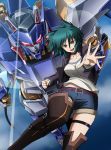  1girl belt blue_sky boots choker clenched_hand commentary_request cropped_jacket denim denim_shorts glint glowing glowing_eyes green_eyes hair_flaps highres jacket kumichou_(ef65-1118-ef81-95) looking_at_viewer mecha open_mouth original outstretched_hand reaching_out red_eyes shirt short_hair shorts skindentation sky thigh-highs thigh_boots thigh_strap white_shirt yellow_eyes 