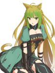  1girl ahoge animal_ears atalanta_(fate) bangs blonde_hair blush braid breasts cat_ears cat_tail collarbone commentary_request elfenlied22 eyebrows_visible_through_hair fate/apocrypha fate_(series) gloves gradient_hair green_eyes green_hair hair_between_eyes highres long_hair looking_at_viewer multicolored_hair open_mouth simple_background solo tail thigh-highs two-tone_hair very_long_hair white_background 
