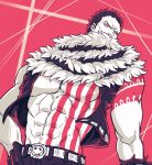  abs bare_chest belt charlotte_katakuri chest covered_mouth gloves hand_on_hip highres living_(pixiv5031111) male_focus muscle one_piece open_clothes open_vest pants scar scarf scarf_over_mouth simple_background spikes stitches tattoo vest 