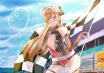  1girl blonde_hair bow breasts brown_eyes earrings elbow_gloves flag girls_frontline gloves hair_bow hair_ribbon hat highres jewelry long_hair looking_down ppk_(girls_frontline) racequeen racetrack ribbon small_breasts solo tokyoha1 