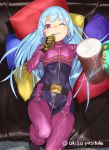  1girl akisa_(12023648) belt blue_hair bodysuit breasts gloves kula_diamond long_hair looking_at_viewer open_mouth red_eyes smile solo the_king_of_fighters 