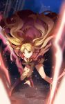  1girl asymmetrical_legwear asymmetrical_sleeves bent_over black_legwear black_leotard black_sleeves blonde_hair blurry blurry_background blurry_foreground bow cape closed_mouth diadem ereshkigal_(fate/grand_order) fate/grand_order fate_(series) floating_hair hair_bow hair_intakes holding leotard long_hair long_sleeves night outdoors outstretched_arms red_bow red_cape red_eyes signature single_sleeve single_thighhigh smile solo thigh-highs twintails very_long_hair yukleeeee 