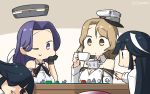  4girls :&gt; ;&gt; ;) arm_at_side black_hair board_game bow bowtie breasts brown_eyes commentary_request cup detached_sleeves dice dual_persona from_side hair_over_one_eye halterneck hamu_koutarou hat hayashimo_(kantai_collection) highres hime_cut houston_(kantai_collection) indoors kantai_collection large_breasts light_brown_hair long_hair mechanical_halo military military_uniform monopoly multiple_girls naval_uniform one_eye_closed open_mouth peaked_cap purple_hair remodel_(kantai_collection) school_uniform shirt short_hair sitting smile table tatsuta_(kantai_collection) teacup uniform very_long_hair violet_eyes white_headwear white_shirt 