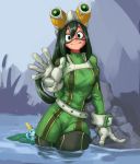  1girl 1other asui_tsuyu belt black_eyes black_footwear bodysuit boku_no_hero_academia boots breasts crossover frog_girl gen_8_pokemon gloves goggles goggles_on_head green_bodysuit hair_rings harness hiding highres kelvin_hiu large_breasts lily_pad long_hair low-tied_long_hair partially_submerged pokemon pokemon_(creature) pokemon_(game) pokemon_swsh sobble solo_focus thigh-highs thigh_boots tongue trait_connection wading water waving wet wet_clothes white_gloves 