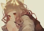  1girl absurdres animal_ears bangs blonde_hair blunt_bangs grey_background highres jacket jiu_pi little_red_riding_hood_(sinoalice) long_hair long_sleeves looking_at_viewer orange_eyes parted_lips reality_arc_(sinoalice) sidelocks simple_background sinoalice solo wavy_hair 