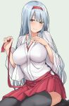  1girl absurdres bangs black_legwear blush breasts brown_eyes commentary covered_nipples eyebrows_visible_through_hair grey_background hairband hakama hakama_skirt hand_on_own_chest highres japanese_clothes kantai_collection large_breasts long_hair red_hairband red_hakama satou_samu shoukaku_(kantai_collection) silver_hair simple_background sitting smile solo thigh-highs wide_sleeves 