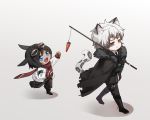  2boys :d :t animal_ear_fluff animal_ears arknights armband bangs black_cape black_footwear black_gloves black_hair black_jacket black_neckwear black_pants blue_eyes boots cape carrot chibi chinese_commentary commentary_request courier_(arknights) deer_ears eyebrows_visible_through_hair fingerless_gloves full_body fur-trimmed_cape fur_trim gloves goggles goggles_on_head grey_background grey_eyes grey_hair hand_up holding jacket leopard_ears leopard_tail long_sleeves male_focus multicolored_hair multiple_boys necktie open_mouth pants qingjian red_gloves red_scarf scarf shadow silver_hair silverash_(arknights) simple_background smile tail walking white_jacket 