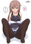 1girl absurdres arashio_(kantai_collection) arm_support black_legwear black_swimsuit blush breasts brown_eyes brown_hair collarbone competition_swimsuit covered_navel dress eyebrows_visible_through_hair frilled_dress frills hair_between_eyes heart highres kantai_collection long_hair long_sleeves looking_at_viewer medium_breasts noruren one-piece_swimsuit open_mouth pantyhose pantyhose_under_swimsuit pinafore_dress shadow shirt signature sitting smile solo swimsuit swimsuit_under_clothes white_background white_shirt 
