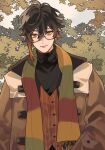  1boy antenna_hair brown_coat brown_eyes brown_hair brown_shirt brown_vest buttons closed_mouth coat commentary genshin_impact glasses hair_between_eyes highres long_sleeves looking_at_viewer male_focus misu_025 multicolored_clothes multicolored_hair multicolored_scarf open_clothes open_coat round_eyewear scarf shirt sidelocks smile solo striped striped_vest symbol-only_commentary tree turtleneck upper_body vertical-striped_vest vertical_stripes vest zhongli_(genshin_impact) 