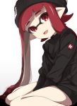  1girl arms_between_legs bangs beanie black_headwear black_shirt blunt_bangs commentary domino_mask hat inkling leaning_forward logo long_hair long_sleeves looking_at_viewer mask no_pants open_mouth pointy_ears red_eyes redhead shirt simple_background sitting smile solo splatoon_(series) takeko_spla tentacle_hair v_arms wariza white_background 