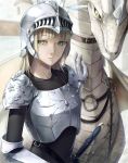  1girl absurdres armor blonde_hair bodystocking breastplate collarbone commentary_request dragon dragon_wings expressionless eyebrows_visible_through_hair gauntlets green_eyes harness helmet highres knight koyadofu original plate_armor scales shoulder_armor slit_pupils sword visor_(armor) weapon wings yellow_eyes 