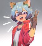  1girl animal_ears black_hair blue_eyes blue_hair blush brand_new_animal commentary_request eyebrows_visible_through_hair furry highres jacket kagemori_michiru long_sleeves looking_at_viewer multicolored multicolored_eyes open_mouth pink_eyes raccoon_ears red_jacket shirt short_hair smile solo taku_(artist) track_jacket upper_body upper_teeth v white_shirt 