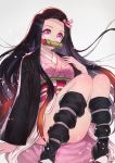  1girl absurdres asa_no_ha_(pattern) bamboo bit_gag black_hair black_legwear breasts checkered_obi convenient_leg floating_hair forehead gag gradient_hair grey_background hair_ribbon hand_on_own_chest haori highres japanese_clothes jun_wei kamado_nezuko kimetsu_no_yaiba kimono knees_together_feet_apart leg_wrap light_particles long_hair long_sleeves looking_at_viewer medium_breasts multicolored_hair obi pink_eyes pink_kimono redhead ribbon sandals sash signature simple_background sitting solo straight_hair thighs two-tone_hair 