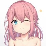  1girl arata_(xin) bangs bare_shoulders blue_eyes blush collarbone commentary_request eyebrows_visible_through_hair face kagamihara_nadeshiko long_hair looking_at_viewer one_eye_closed pink_hair simple_background smile solo white_background yurucamp 