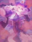  1girl blue_kimono blurry breasts cherry_blossoms commentary_request depth_of_field feet_out_of_frame hair_between_eyes hat highres japanese_clothes karamaru626 kimono light_smile looking_at_viewer mob_cap pink_eyes pink_hair saigyouji_yuyuko small_breasts solo touhou 