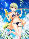  absurdres bikini black_bikini clouds flower_bracelet grass green_hair gun highres holding_water_gun humuyun navel nomura_miki official_art outdoors pink_eyes rainbow sandals short_hair sky smile summer_pockets swimsuit toy_gun water_drop water_gun weapon wet 