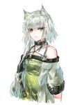  1girl animal_ear_fluff animal_ears arknights bangs bare_shoulders black_choker choker dress eyebrows_visible_through_hair green_dress green_eyes highres kal&#039;tsit long_sleeves looking_at_viewer off-shoulder_dress off_shoulder parted_lips short_hair silver_hair simple_background solo takano_jiyuu upper_body white_background 