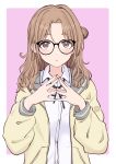  1girl bangs bespectacled blush brown_eyes cardigan fingers_together glasses hair_bun highres ichikawa_hinana idolmaster idolmaster_shiny_colors long_hair looking_at_viewer nail_polish open_cardigan open_clothes pink_background pink_nails simple_background solo t7s-kuroro upper_body 
