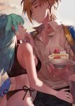  1boy 1girl ass bikini black_bikini black_pants blue_eyes blue_hair blue_jacket byleth_(fire_emblem) byleth_eisner_(female) cake collarbone commentary_request cream dimitri_alexandre_blaiddyd eyepatch finger_in_mouth fire_emblem fire_emblem:_three_houses food fruit jacket jewelry long_hair orange_hair pants peach_luo ring shirt sports_bikini strawberry strawberry_shortcake swimsuit white_shirt 