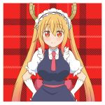  1girl artsy-rc blush closed_mouth collared_shirt dated dragon_horns dress eyebrows_visible_through_hair gloves gradient_hair grey_dress hands_on_hips horns kobayashi-san_chi_no_maidragon long_hair looking_at_viewer maid maid_headdress multicolored_hair necktie plaid plaid_background puffy_short_sleeves puffy_sleeves red_background red_eyes red_neckwear sash shirt short_sleeves signature slit_pupils smile solo tooru_(maidragon) twintails white_gloves wing_collar 