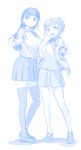  2girls :d bangs blue_theme blunt_bangs blush breasts eyebrows_visible_through_hair full_body hair_bun height_difference highres himura_kiseki jacket kobuchizawa_shirase large_breasts long_hair long_sleeves looking_at_viewer miyake_hinata monochrome multiple_girls onigiri_print open_clothes open_jacket open_mouth pleated_skirt ribbon school_uniform shiny shiny_hair sidelocks skirt sleeves_rolled_up smile sora_yori_mo_tooi_basho thigh-highs unzipped v 