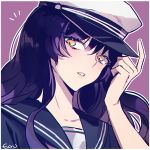  1girl black_sailor_collar black_shirt blake_belladonna collarbone collared_shirt ecru floating_hair hair_between_eyes hat index_finger_raised long_hair looking_at_viewer parted_lips purple_hair rwby sailor_collar sailor_shirt shirt signature solo upper_body white_headwear yellow_eyes 