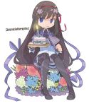  1girl 2014 :/ akemi_homura argyle argyle_legwear black_hair black_legwear blue_flower blue_ribbon cake candle capelet chibi clenched_hand closed_mouth collared_shirt commentary_request dated eyebrows_visible_through_hair fire flat_chest flower food full_body green_flower hair_between_eyes hair_ribbon heart heart_print high_collar holding holding_cake holding_food jitome kennymoney knees_together_feet_apart leaf long_hair long_sleeves mahou_shoujo_madoka_magica no_nose pantyhose pastry patterned_clothing pink_flower pink_rose purple_capelet purple_flower purple_ribbon purple_skirt red_ribbon ribbon rose shiny shiny_skin shirt simple_background sitting skirt solo sparkling_eyes straight_hair sweets violet_eyes white_background white_flower 