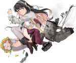  1girl black_hair bouquet bra brown_eyes dress fang flower fujikawa full_body grey_legwear holding holding_bouquet kantai_collection long_hair long_sleeves multicolored_hair naganami_(kantai_collection) official_art pink_hair purple_dress remodel_(kantai_collection) solo thigh-highs torn_clothes torn_dress transparent_background underwear white_bra zettai_ryouiki 