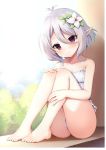  1girl absurdres antenna_hair backlighting bangs bare_arms bare_legs bare_shoulders barefoot blush camisole closed_mouth collarbone day eyebrows_visible_through_hair feet flower full_body hair_between_eyes hair_flower hair_ornament highres knees_up kokkoro_(princess_connect!) looking_at_viewer mauve panties pointy_ears princess_connect! princess_connect!_re:dive red_eyes scan silver_hair sitting smile solo sunlight underwear underwear_only white_camisole white_flower white_panties 