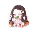  1girl bamboo bangs bit_gag black_hair blush brown_hair chibi dress fairy fairy_wings floral_background forehead full_body gag hair_ribbon kamado_nezuko kimetsu_no_yaiba long_hair looking_at_viewer mattang mouth_hold multicolored_hair parted_bangs pink_dress pink_eyes pink_footwear pink_ribbon pink_wings pleated_dress ribbon shoes solo two-tone_hair very_long_hair white_background wings 