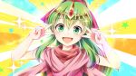  1girl double_v emotional_engine_-_full_drive erector_58 fate/grand_order fate_(series) fire_emblem fire_emblem:_mystery_of_the_emblem green_eyes green_hair long_hair open_mouth pointy_ears ponytail solo sparkle tiara tiki_(fire_emblem) upper_body v 