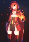  1girl breastplate cape closed_mouth dress fire flame gauntlets hairband head_tilt highres holding_flame itai_no_wa_iya_nano_de_bougyoryoku_ni_kyokufuri_shitai_to_omoimasu looking_at_viewer mii_(bofuri) red_cape red_dress red_eyes redhead sansu simple_background solo standing 