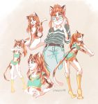  5girls :3 ^_^ animal_ears artist_name ashleyloob belt blue_eyes calico cat cat_ears cat_girl cat_tail closed_eyes collared_shirt denim flat_chest furry glasses hair_bun hand_on_hip highres jeans kneehighs long_hair looking_back midriff multiple_girls navel one_eye_closed open_mouth orange_hair original outstretched_arm pants ponytail round_eyewear shirt shorts simple_background sitting smile sports_bra sportswear striped striped_shirt tail 