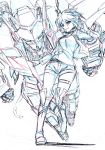  1girl belt boots choker colored_pencil_(medium) commentary_request cropped_jacket full_body hair_flaps highres jacket kumichou_(ef65-1118-ef81-95) looking_at_viewer mecha monochrome open_mouth original shirt short_hair shorts sketch skindentation thigh-highs thigh_boots thigh_strap traditional_media 